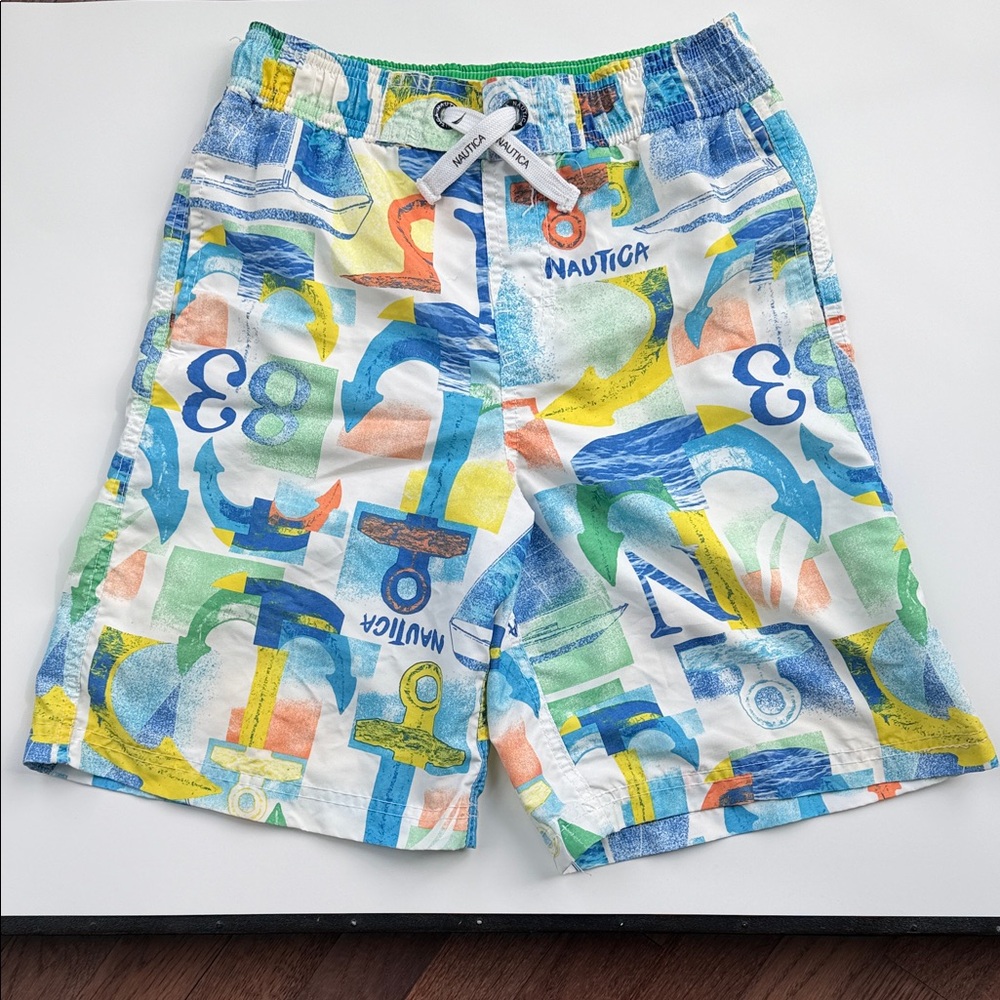 Nautica Boys White Multicolor Anchor Print Swim Shorts
